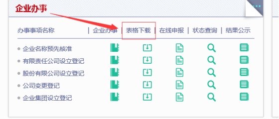 企業(yè)注冊局名稱登記表格下載界面