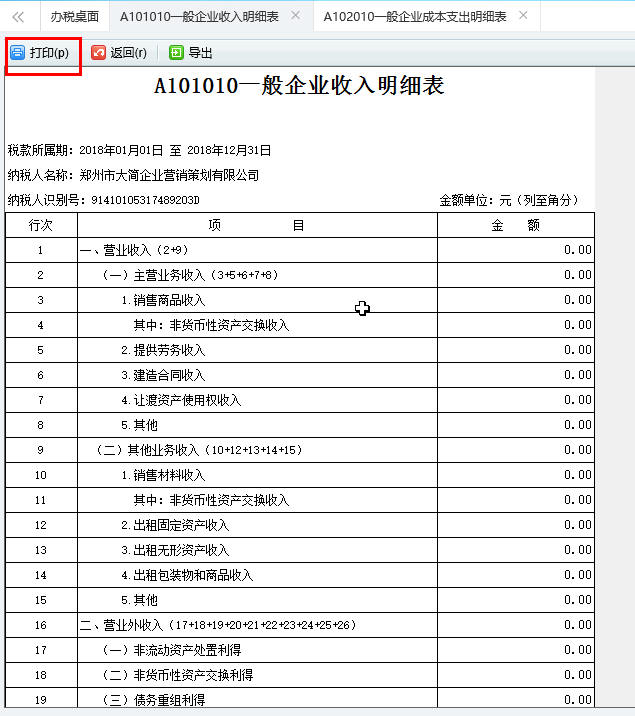 河南省A101010一般企業(yè)收入明細表打印預(yù)覽頁面