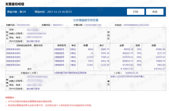 增值稅發(fā)票查驗明細